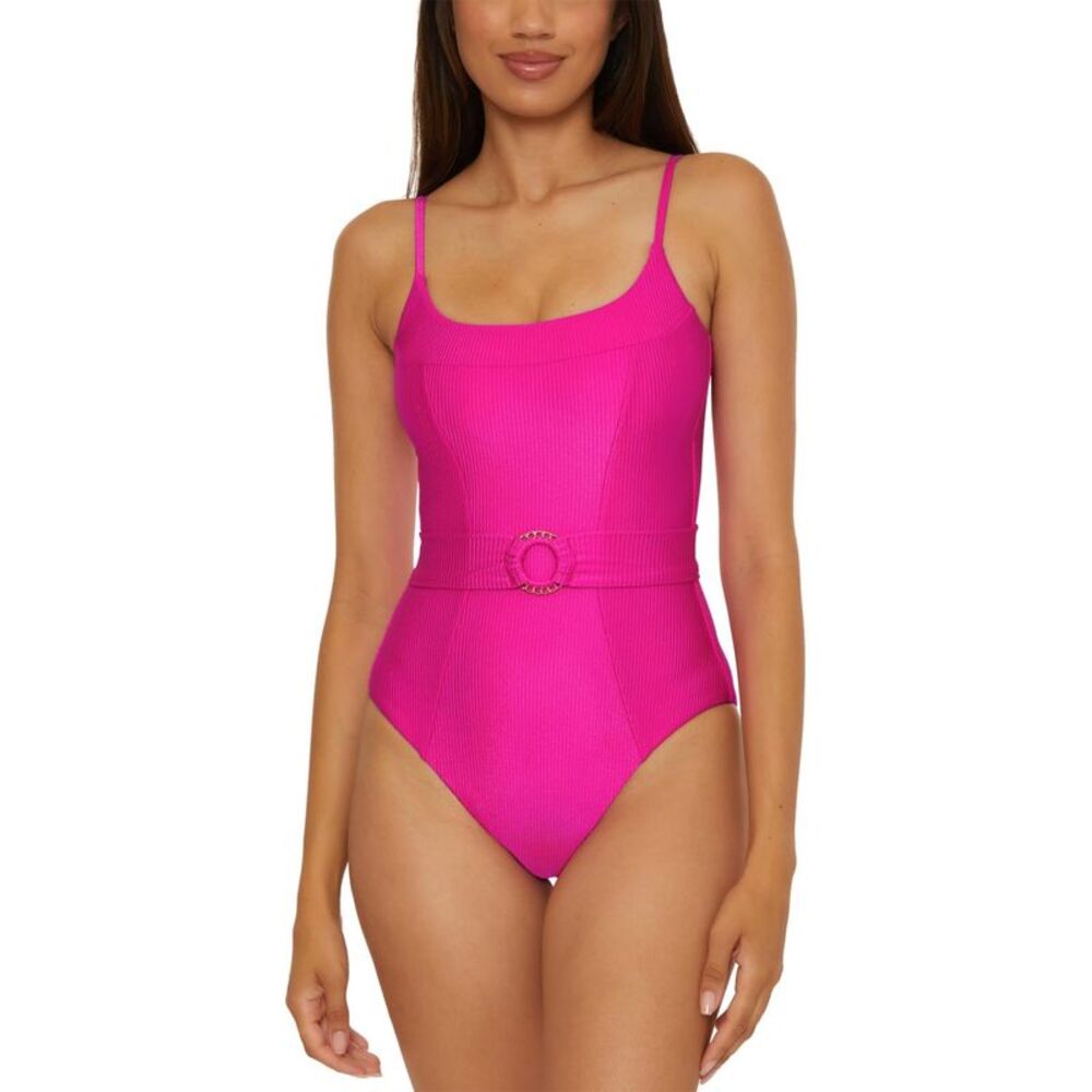 Becca Womens Montecarlo Shiny Rib-Knit One Piece Swimsuit M Azalea - NWT